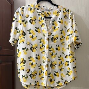 Dalia White Button-Down Lemon Print Blouse with Yellow and Green size M